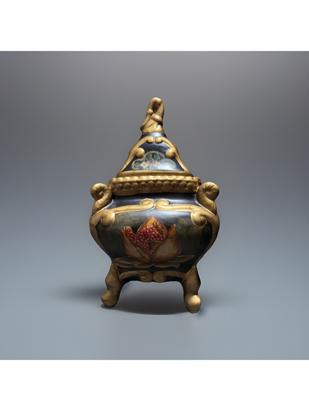 Raymond Waites Rare Vintage Ceramic Canister with Lid Ornate Gold footed W/fruit